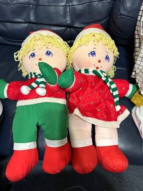 1987 Vintage Plush Holiday Rag Doll Plushes in Red & Green